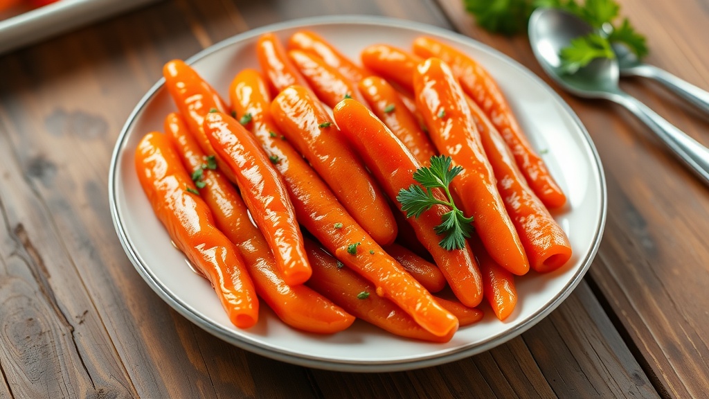 Sweet and Savory Glazed Carrots Recipe A plate of sweet glazed carrots, shiny with brown sugar glaze, garnished with parsley on a rustic table.